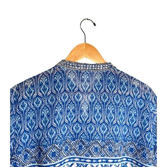 Chico’s Tunic Seaside Sheer Rhinestones Size 12P Blue White Black Blouse Beach - Picture 6 of 10